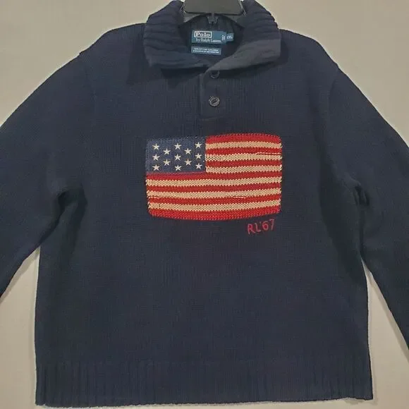 Polo Ralph Lauren Vintage American Flag Sweater Size XXL Cotton Linen Shawl Neck